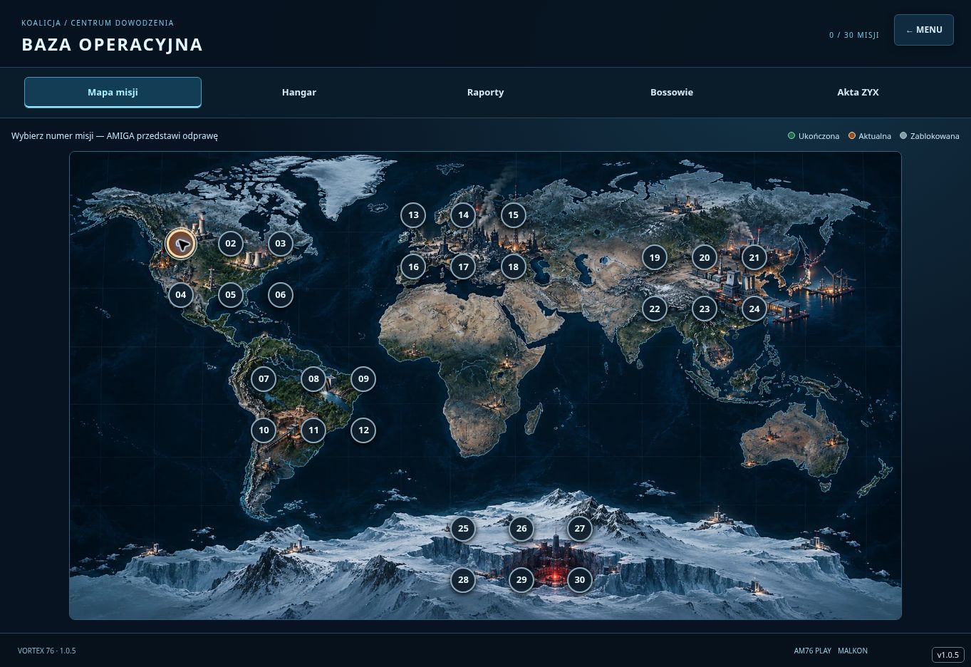 Vortex 76 — Mapa kampanii — 30 misji na pięciu kontynentach